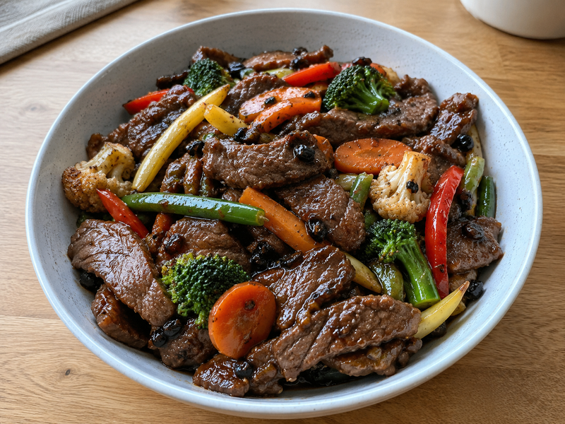 Load image into Gallery viewer, Garlic beef and black bean stir fry kit with beef strips and vegetables
