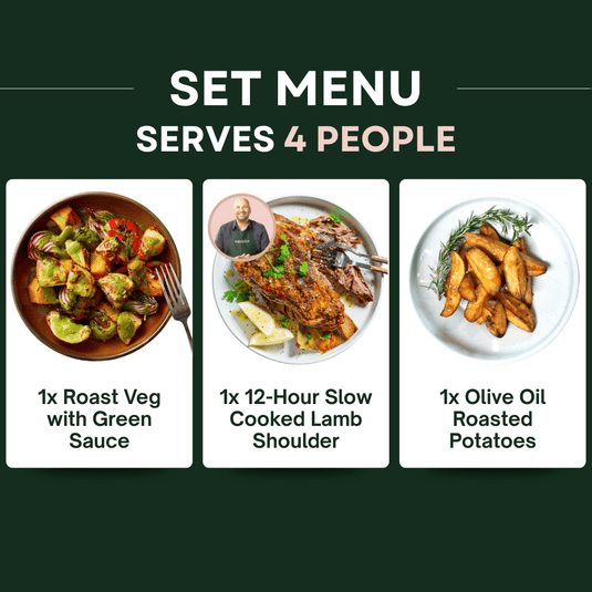 12 - Hour Slow Cooked Lamb Shoulder + Roast Veg with Green Sauce & Olive Oil Roasted Potatoes - Providoor