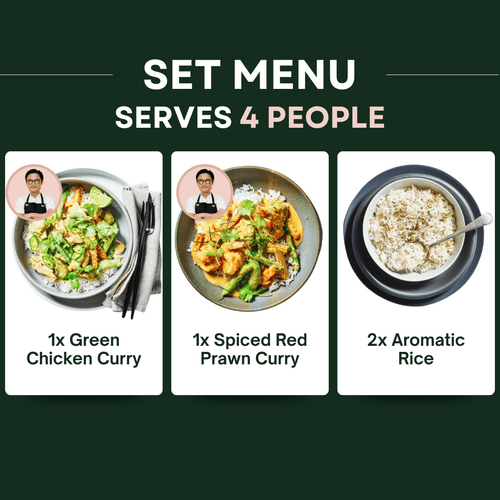 Green Chicken Curry + Spiced Red Prawn Curry & Aromatic Rice - Providoor