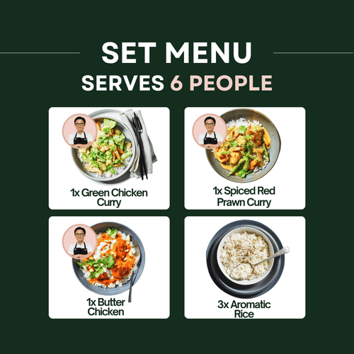 Green Chicken Curry + Spiced Red Prawn Curry + Butter Chicken & Aromatic Rice - Providoor