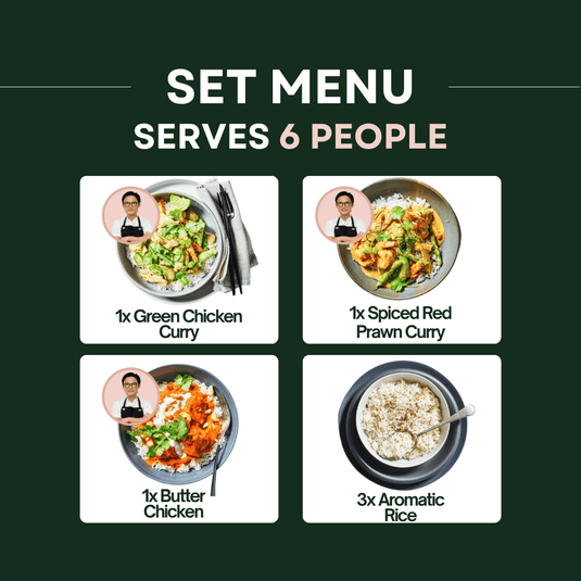 Green Chicken Curry + Spiced Red Prawn Curry + Butter Chicken & Aromatic Rice - Providoor