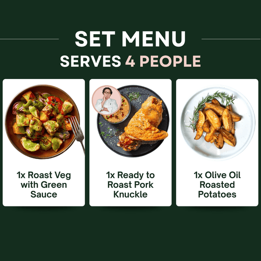Roast Pork Knuckle, Roast Veg with Green Sauce & Olive Oil Roasted Potatoes - Providoor